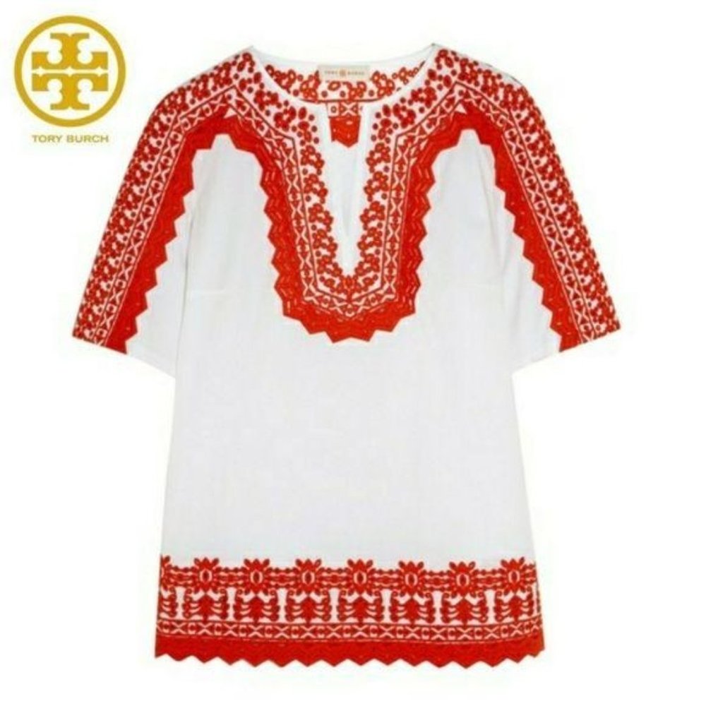 Tory burch Isla tunic white with red embroidery